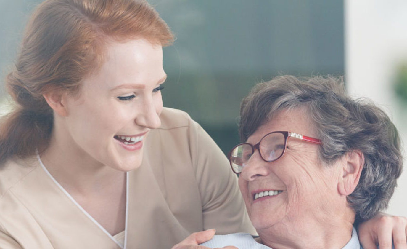 happy senior and woman smiling